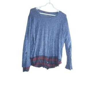 Zac & Rachel lightweight knit top Sweater Size M mock 2 fer blue purple plaid